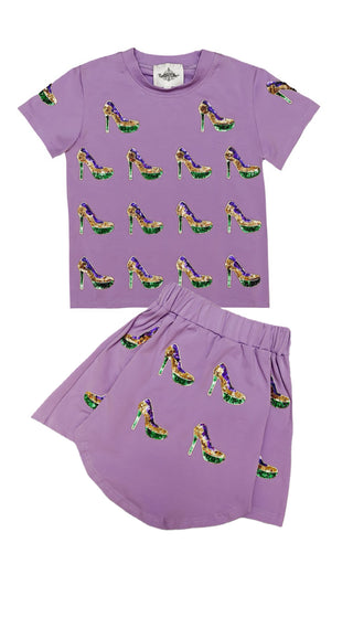 Purple Sequin Heels 2Pc Short Set