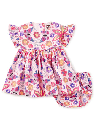 Tea Collection Ruffle Sleeve Baby Dress Set - Butterfly Tile