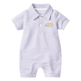 Lulu Bebe Jacob Purple Stripe Romper-Embroidered Tiger