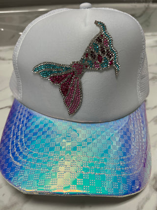 White Trucker Hat with Crystal Mermaid Tail Patch