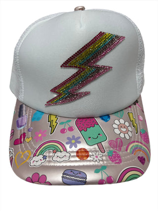 White Trucker Hat with Printed Bill and Crystal Lightning Bolt Patch