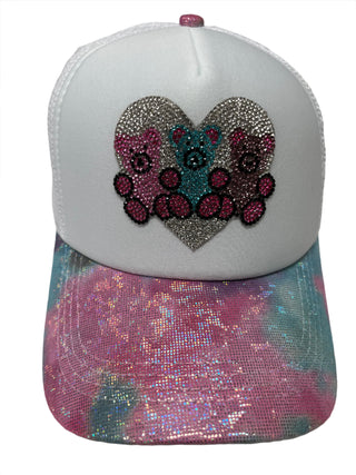 White Trucker Hat with Crystal Triple Gummy Bear Heart Patch