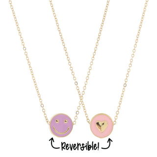 Reversible Disc with Lavender Happy Face and Light Pink Heart Necklace