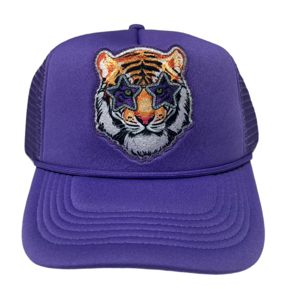 Sunshine Society- Purple Tiger Patch Trucker Hat with Rope Trim