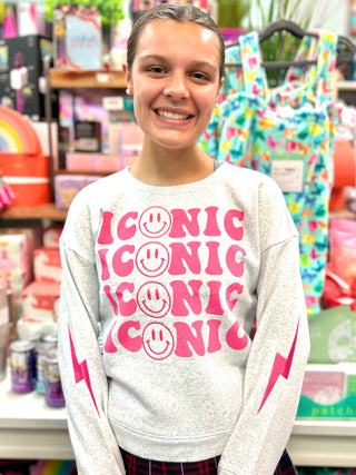 Heather Grey Iconic Happy Face Embroidery Graphic Tween Sweatshirt