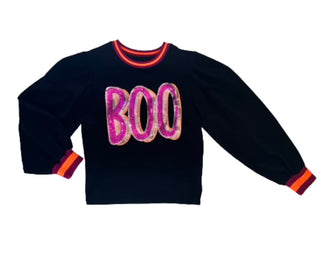 Black Sequin BOO Halloween Sweatshirt with Puffy Sleeves