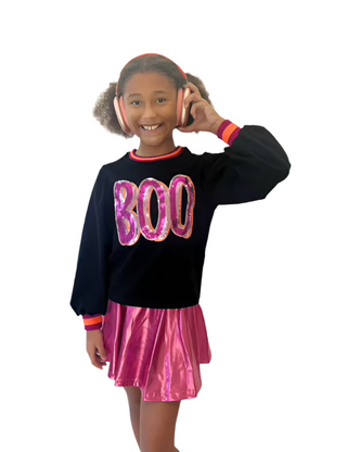 Black Sequin BOO Halloween Sweatshirt with Puffy Sleeves