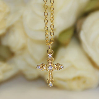 Gold-filled cross necklace set with cubic zirconia stones