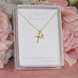 Gold-finish cross necklace with pearl for First Communion