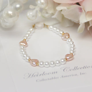 Sweetheart bracelet with pastel pink and white glass pearls and pink hearts