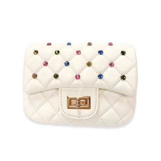 Cream quilted purse with colorful gems by Doe-A-Dear