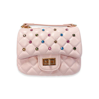 Pink quilted purse with colorful gems by Doe-A-Dear
