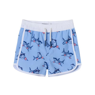 Andy & Evan Navy Long Sleeve Rash Guard With Shark Graphic & Shark Swim Trunks