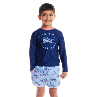 Andy & Evan Navy Long Sleeve Rash Guard With Shark Graphic & Shark Swim Trunks