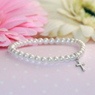 Stretchy 4.5" Pearl Bracelet with Rhodium Cross