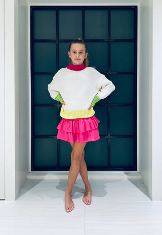 Little Olin Faux Leather Tiered Fuchsia Ruffle Skirt