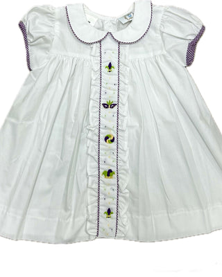 Lulu Bebe Mardi Gras Embroidered White Dress (Purple Trim)