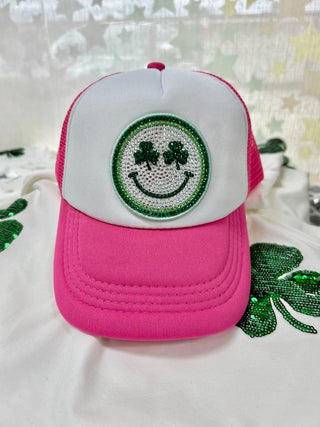 Azarhia Hot Pink Smiley Clover Rhinestone Trucker Hat