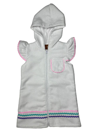 Girls White Ric Rac Terry Hooded Coverup with Angel Sleeves