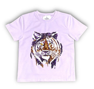 Child Sequin Tiger Face S/S Gameday Tee - Lavender