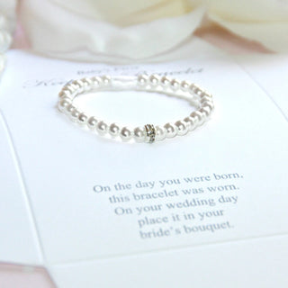 Baby's first pearl and crystal bracelet in gift box with printed poem