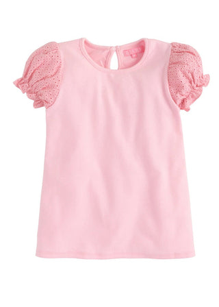 Eyelet Puff Sleeve Contrast Top - Pink