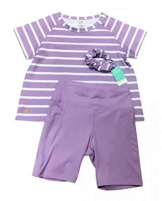 Tulip Tee/Biker Shorts/Scrunchie Set - Purple Stripe