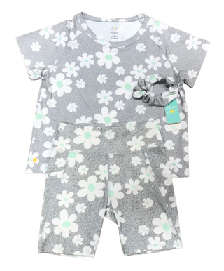 Tulip Tee/Biker Shorts/Scrunchie Set - Gray Floral