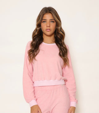 Terry Cloth Cropped Crewneck/Pocket Shorts Set - Pink