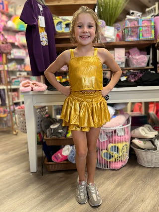 Gold Plisse Tank Top and Tiered Skirt Set