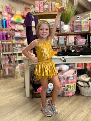 Gold Plisse Tank Top and Tiered Skirt Set