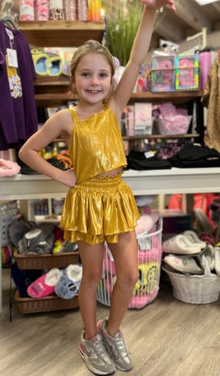 Gold Plisse Tank Top and Tiered Skirt Set