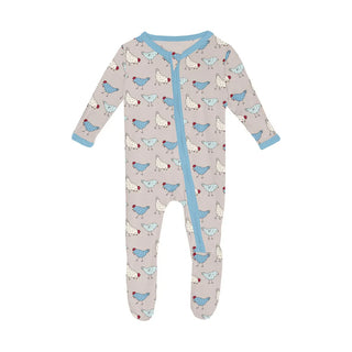 Kickee 2 Way Zipper Footie - Latte Chickens