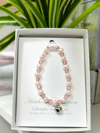 Pearl and Pink Crystal Heart Bracelet with Sterling Heart