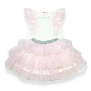 Doe A Dear White/Pink Dot Mesh Trim Tee & Tiered Tutu 2Pc Set