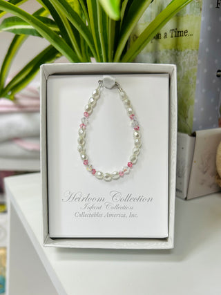 White Glass Pearls & Pink Crystal Bracelet 5”
