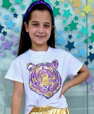 Azarhia Sequin Tiger Face on White Boxy Tee