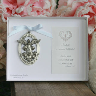 Pewter angel cradle medal with ribbon - view 3