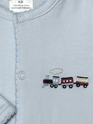 LydaBaby Blue Toy Train Hand Embroidered Footie with Snaps