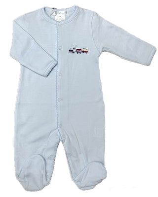 LydaBaby Blue Toy Train Hand Embroidered Footie with Snaps