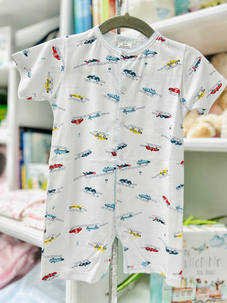 LydaBaby Watercolor Racing Cars Romper with Snaps