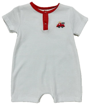 Petit Ami Blue Knit Shortall w/ Fire Truck