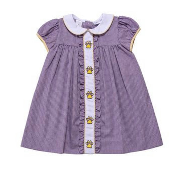Lulu Bebe Purple Gingham Dress w/ Yellow Embroidered Paw Olly-Olly Lulu Bebe Purple Gingham Dress w/ Yellow Embroidered Paw Olly-Olly