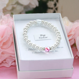 Big Sis stretch bracelet with glass pearls and pink crystal