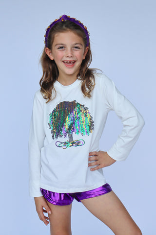 Mardi Gras Sequin Tree L/S White Tee
