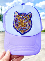 Azarhia Tiger Face Rhinestone Lavender Trucker Hat