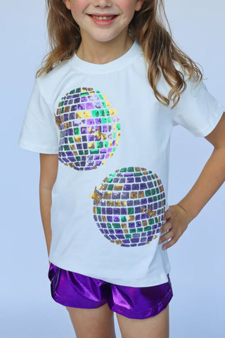 Mardi Gras Disco Ball Sequin S/S White Tee