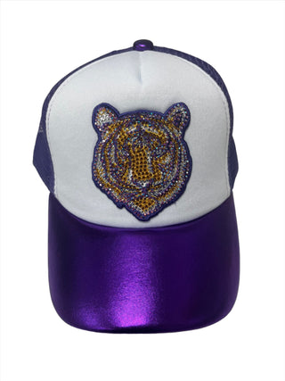 Azarhia Tiger Face Rhinestone Purple Metallic Trucker Hat