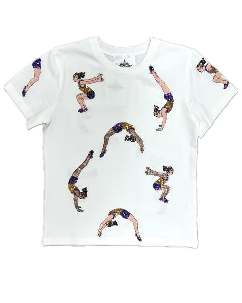 Belle Cher White Purple & Gold Sequin Gymnastics Tee (Multi)