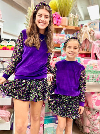 Azarhia Mardi Gras Velvet Sweatshirt with Sequin Sleeves